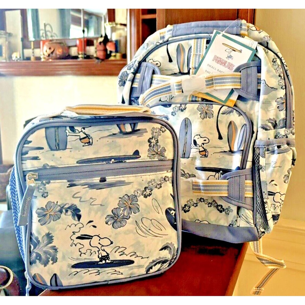 School Pottery barn Kids SNOOPY BACKPACK LUNCH BOX Peanuts Utensils travel Bag .